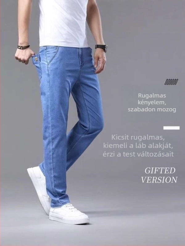 Férfi egyenes szabású farmer, elasztikus, középmagas derék, gombos zárás, 80% pamut, tavasz–ősz