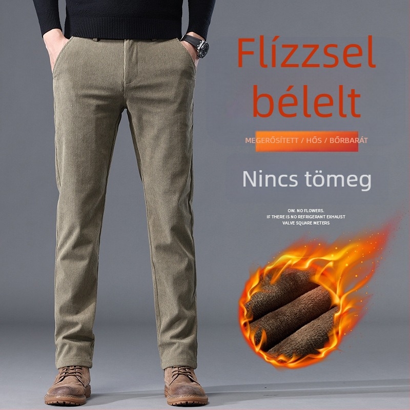 Férfi Chenille fleece csíkos egyenes szabású nadrág, középső derék, cipzár, téli, mikroelasztikus, 100% poliészter