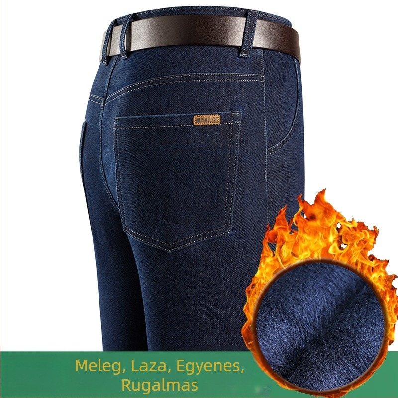 Téli férfi farmer fleece béléssel, rugalmas, gyűrődésálló, vasalást nem igénylő, lazán szabott egyenes szár, magas derék