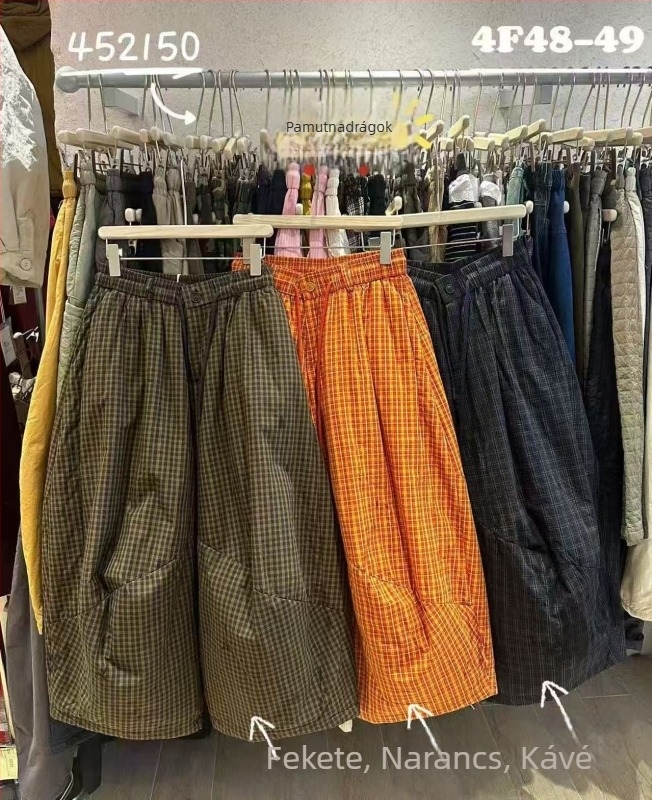 Pamut kockás széles lábú nadrág, rövid fazon, japán stílusú lezser viselet