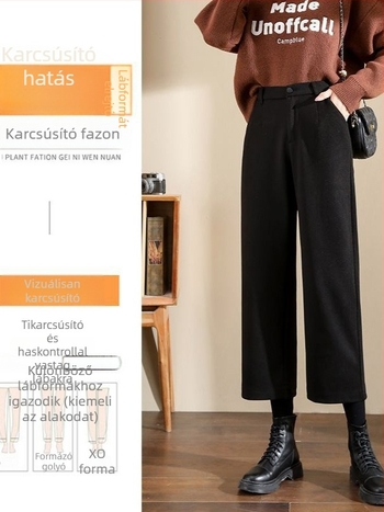 Női gyapjú kosztümnadrág őszi-téli szezonra, vastagított, karcsúsító szabás, laza, alacsony testmagasság, 9/10 hossz