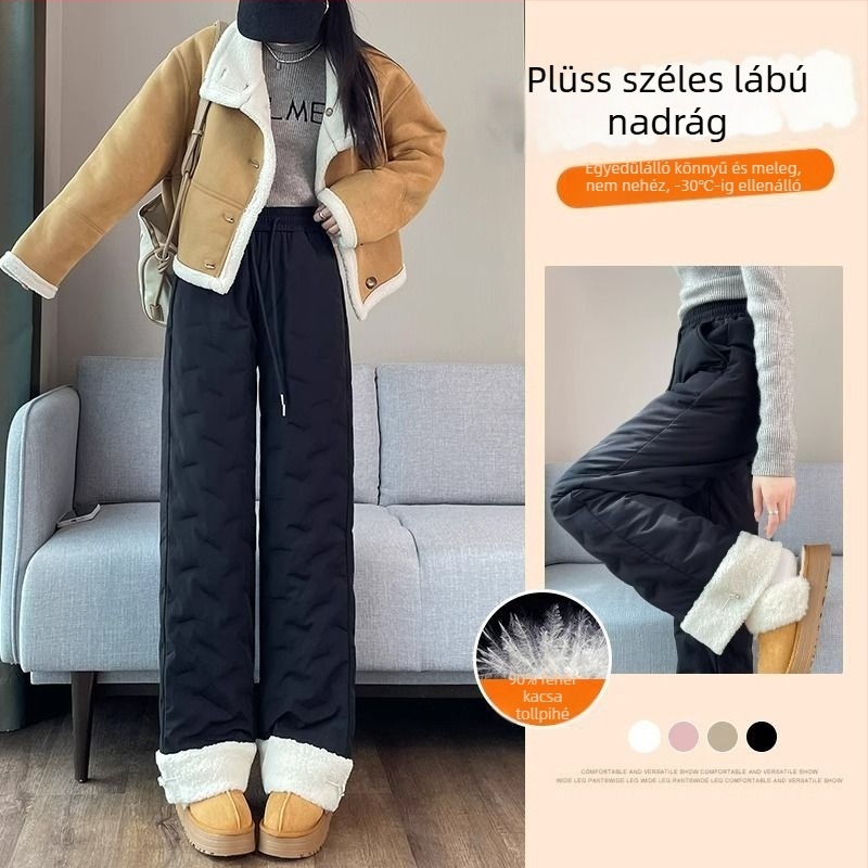 Női vastag tollas nadrág télre – egyenes szabás, magas derék, nylon töltet 70-80%, Chenille anyag 90-95% fő összetevő, spandex