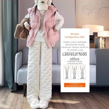 Női down-szigetelt nadrág, magas derekú, 70–80% pehelytöltet, chenille anyag spandex-szel, egyenes szabás, 2025 tavasz