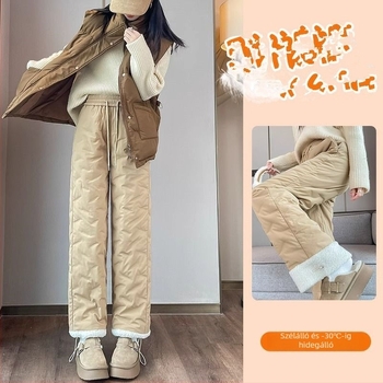 Női down-szigetelt nadrág, magas derekú, 70–80% pehelytöltet, chenille anyag spandex-szel, egyenes szabás, 2025 tavasz