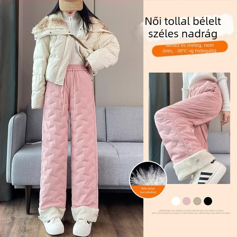 Női down-szigetelt nadrág, magas derekú, 70–80% pehelytöltet, chenille anyag spandex-szel, egyenes szabás, 2025 tavasz