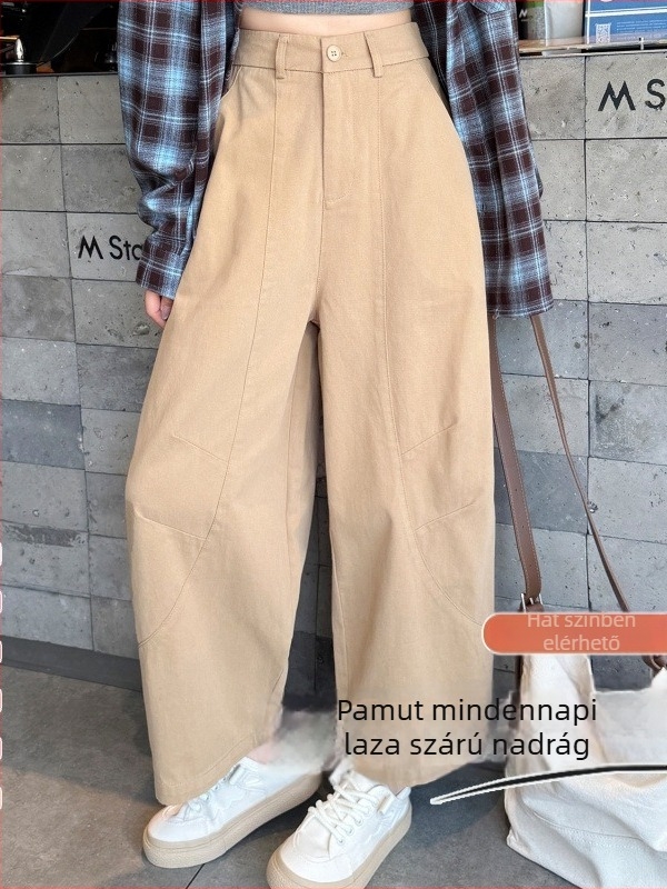 Barna pamut női széles lábú nadrág ívelt szabással, 9/10 hossz, őszi-téli, fleece bélés, magas derék, karcsúsító, koreai stílusban, nagy méret