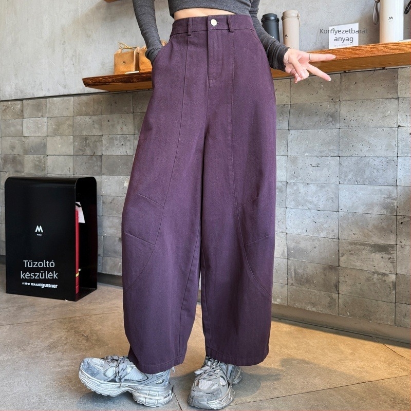 Barna pamut női széles lábú nadrág ívelt szabással, 9/10 hossz, őszi-téli, fleece bélés, magas derék, karcsúsító, koreai stílusban, nagy méret