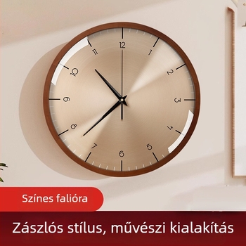 Diófából készült falióra – csendes, lyukasztás nélküli, kvarc mechanizmus (Lisheng), elemes működés, kör alakú számlap, tömörfa számlap