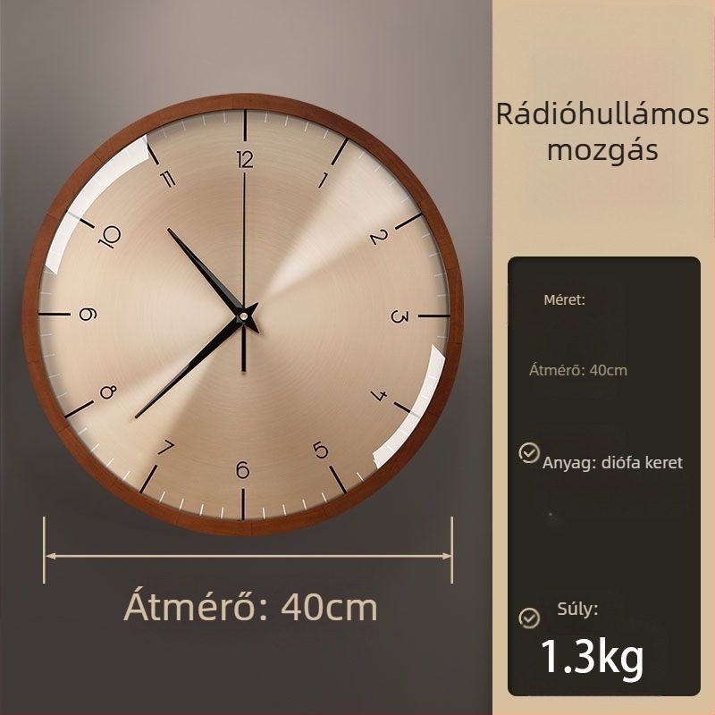 Diófából készült falióra – csendes, lyukasztás nélküli, kvarc mechanizmus (Lisheng), elemes működés, kör alakú számlap, tömörfa számlap