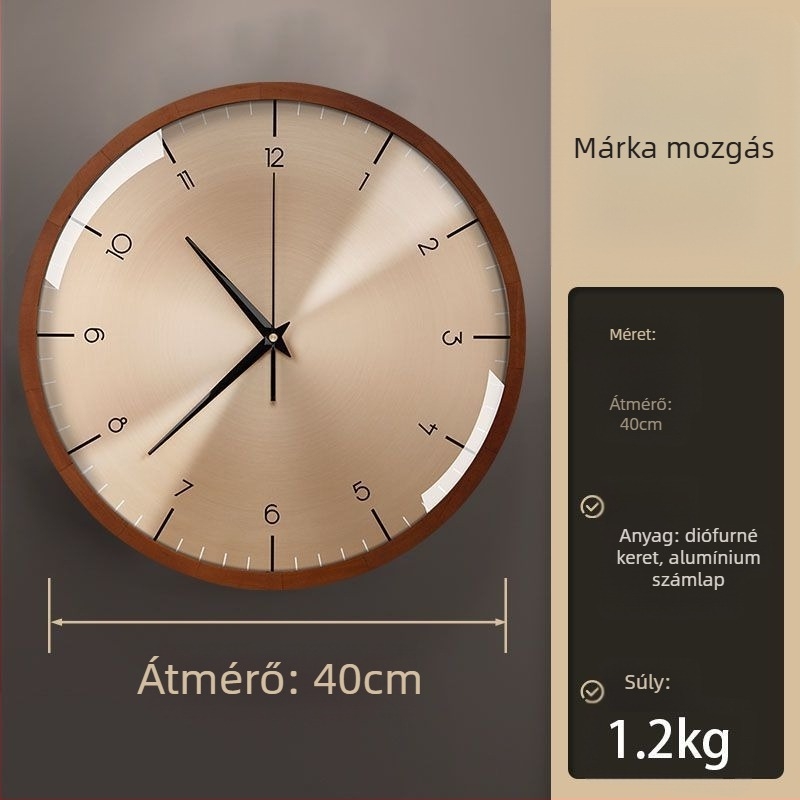 Diófából készült falióra – csendes, lyukasztás nélküli, kvarc mechanizmus (Lisheng), elemes működés, kör alakú számlap, tömörfa számlap