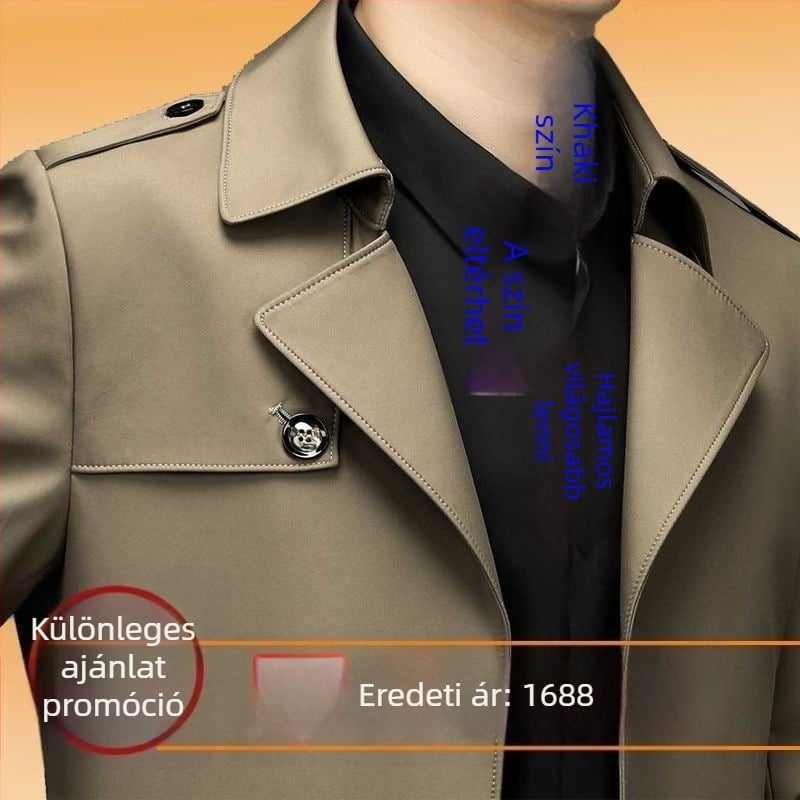 Férfi középhosszú szélkabát zakós gallérral, könnyű téli dzseki, plusz méretekhez, városi stílus