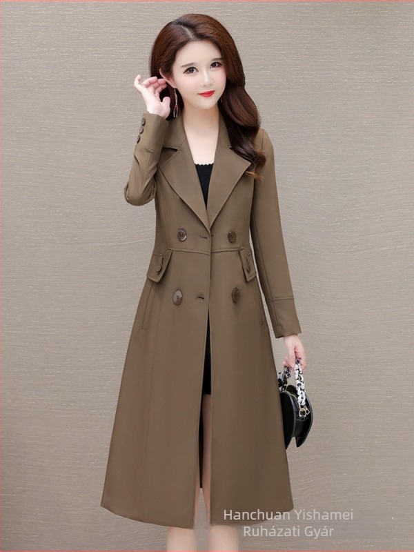 Középhosszú női trench coat, 2025-ös őszi modell, koreai stílus, slim fit, elegáns és érett megjelenés
