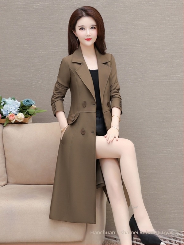 Középhosszú női trench coat, 2025-ös őszi modell, koreai stílus, slim fit, elegáns és érett megjelenés
