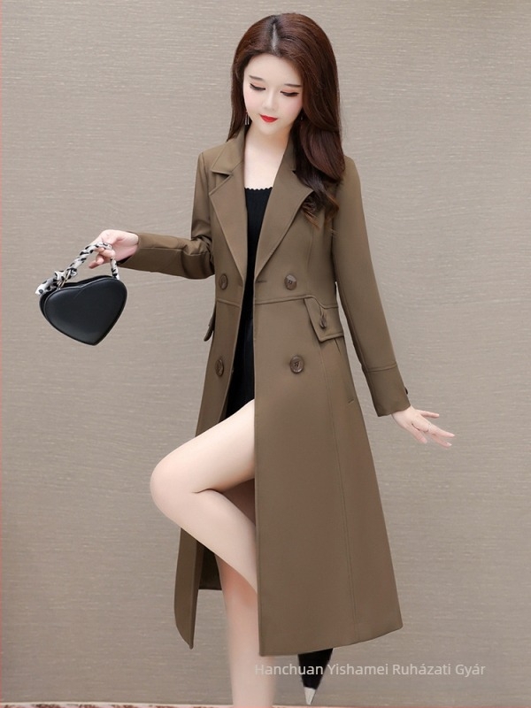 Középhosszú női trench coat, 2025-ös őszi modell, koreai stílus, slim fit, elegáns és érett megjelenés