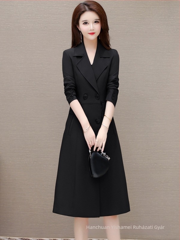 Középhosszú női trench coat, 2025-ös őszi modell, koreai stílus, slim fit, elegáns és érett megjelenés