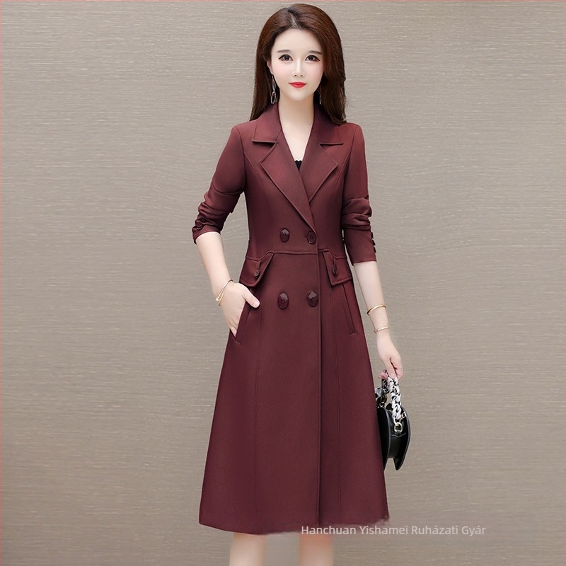 Középhosszú női trench coat, 2025-ös őszi modell, koreai stílus, slim fit, elegáns és érett megjelenés