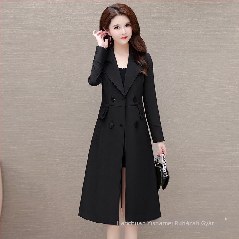 Középhosszú női trench coat, 2025-ös őszi modell, koreai stílus, slim fit, elegáns és érett megjelenés