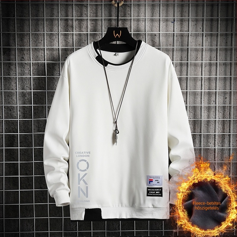 Férfi fleece-béléssel ellátott pulóver, kerek nyakú, koreai stílus, hosszú ujjú, poliészter 95%