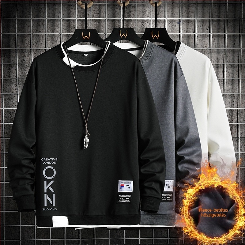 Férfi fleece-béléssel ellátott pulóver, kerek nyakú, koreai stílus, hosszú ujjú, poliészter 95%