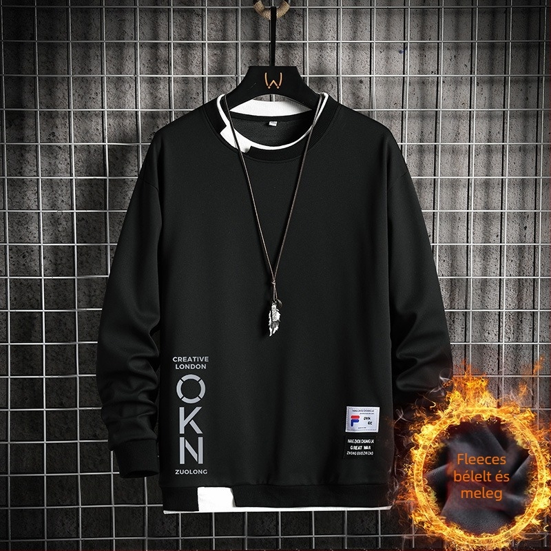 Férfi fleece-béléssel ellátott pulóver, kerek nyakú, koreai stílus, hosszú ujjú, poliészter 95%