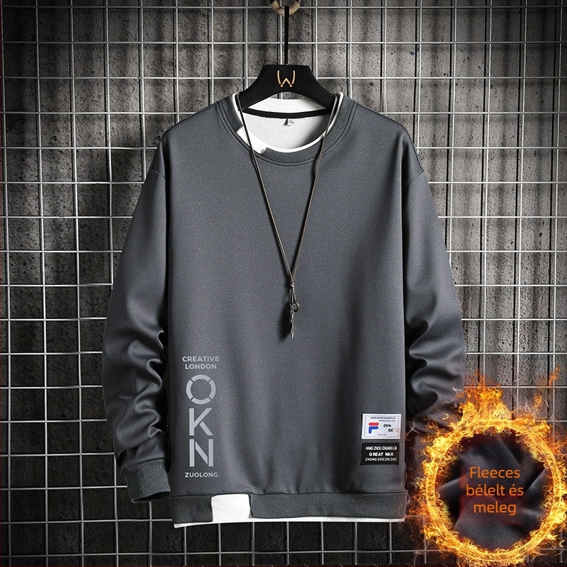 Férfi fleece-béléssel ellátott pulóver, kerek nyakú, koreai stílus, hosszú ujjú, poliészter 95%