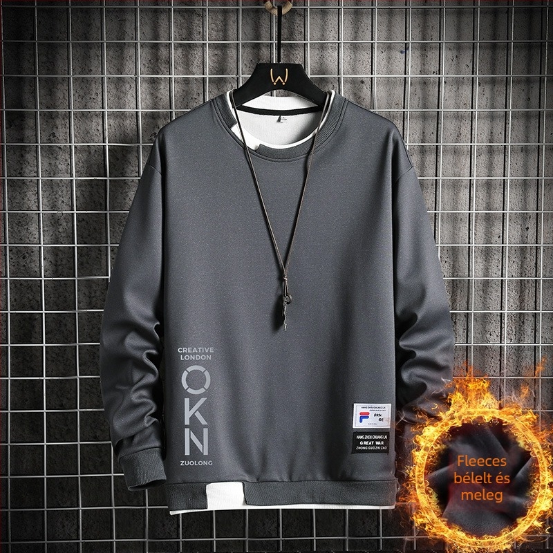 Férfi fleece-béléssel ellátott pulóver, kerek nyakú, koreai stílus, hosszú ujjú, poliészter 95%
