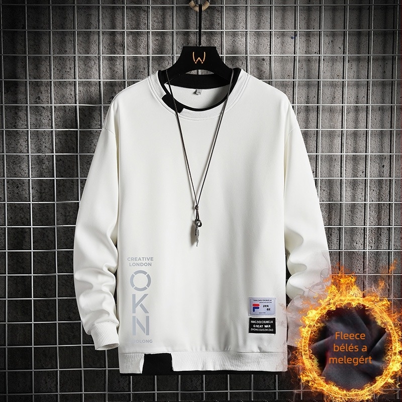 Férfi fleece-béléssel ellátott pulóver, kerek nyakú, koreai stílus, hosszú ujjú, poliészter 95%