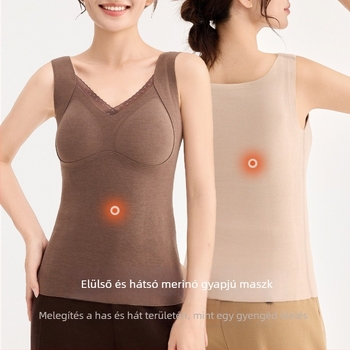 Női gyapjú termoszál mellény csipkével és applikációkkal, beépített melltámasz és belső felső, dupla réteg, V-nyakú, 251–300 g/m²