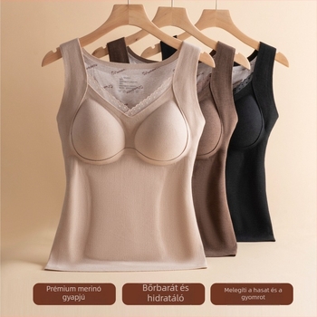 Női gyapjú termoszál mellény csipkével és applikációkkal, beépített melltámasz és belső felső, dupla réteg, V-nyakú, 251–300 g/m²