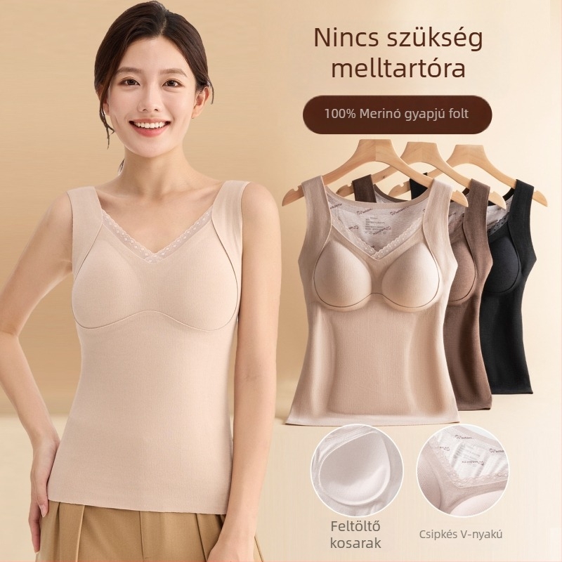 Női gyapjú termoszál mellény csipkével és applikációkkal, beépített melltámasz és belső felső, dupla réteg, V-nyakú, 251–300 g/m²