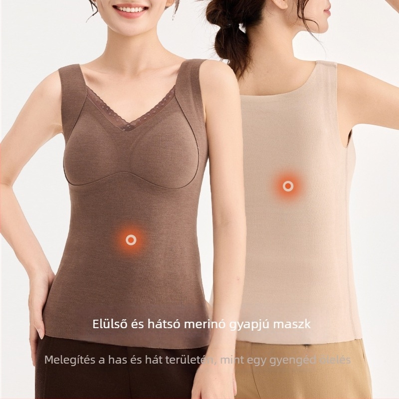 Női gyapjú termoszál mellény csipkével és applikációkkal, beépített melltámasz és belső felső, dupla réteg, V-nyakú, 251–300 g/m²