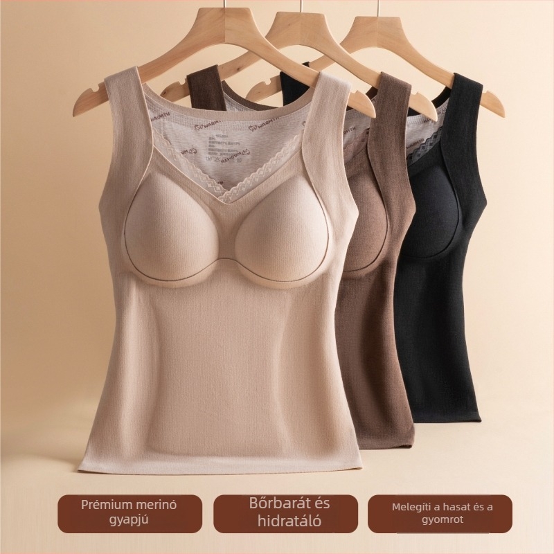 Női gyapjú termoszál mellény csipkével és applikációkkal, beépített melltámasz és belső felső, dupla réteg, V-nyakú, 251–300 g/m²