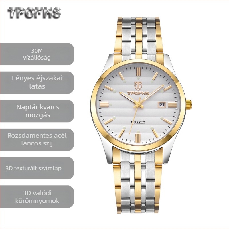 RUOLINDO kvarc karóra fénylő számlappal, rozsdamentes acél szíjjal, naptárral, 10 m vízállósággal, CHENLONG 618 mozgással