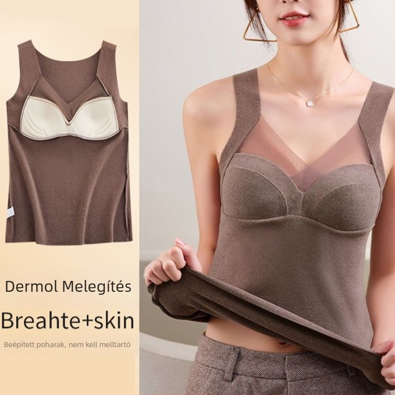 Női meleg mellény nylon anyagból, beépített melltartó-kupakkal, fleece bélés, V-nyakú, pulóver-stílus, egy rétegű