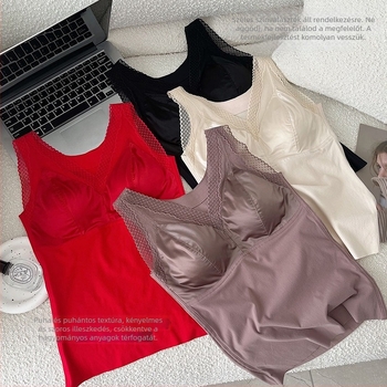 Női selyem-szövésű top V-nyakkal, beépített melltartó párnával és push-up effektussal, karcsú szabású alapréteg téli visehez