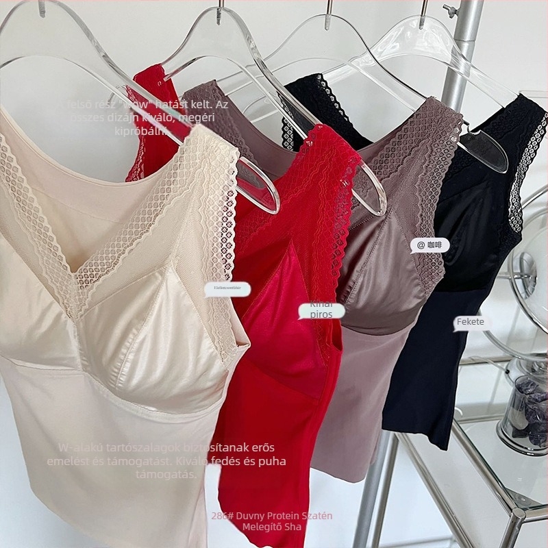 Női selyem-szövésű top V-nyakkal, beépített melltartó párnával és push-up effektussal, karcsú szabású alapréteg téli visehez