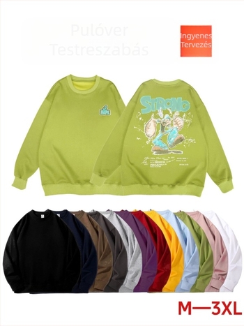 Férfi pamut pulóver polár béléses, kerek nyakú, hosszú ujjú, hímzett cartoon grafika