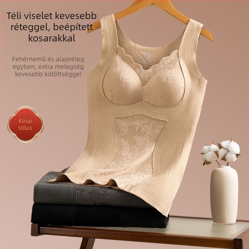 Női meleg mellény kínai stílusban, ősz-tél, kétoldalas bolyhos jacquard csipkével, karcsú termoalapréteg