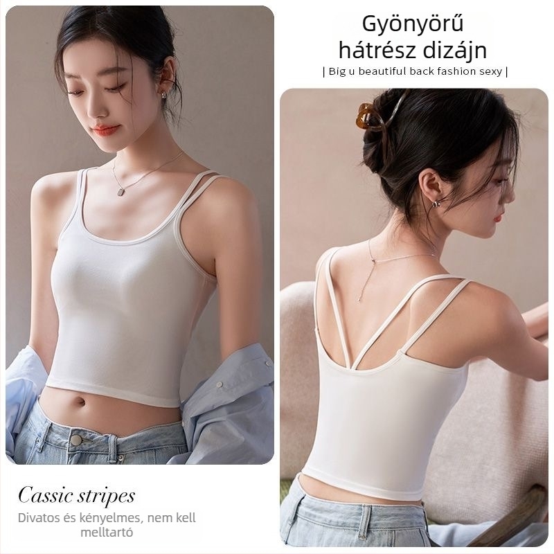 Zhao Lusi-stílusú fehér camisole beépített párnákkal, hátsó kivágású, vékony felső, belső és külső viselethez