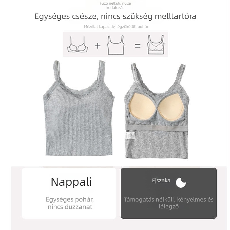 Pamutból készült camisole melltartóbetétekkel, kerek nyakú, csipkés részletekkel, karcsú szabás, 90–95% pamut, közepes sűrűségű anyag 181–200 g/m²
