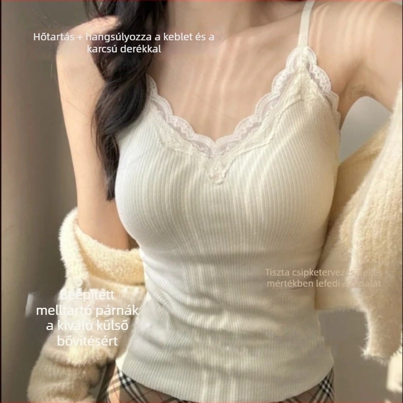 Beépített melltartókosaras hőszigetelő mellény, V-nyakú, egyrétegű, 90–95% poliészter, közepes vastagság 181–200 g/m², melegen tart