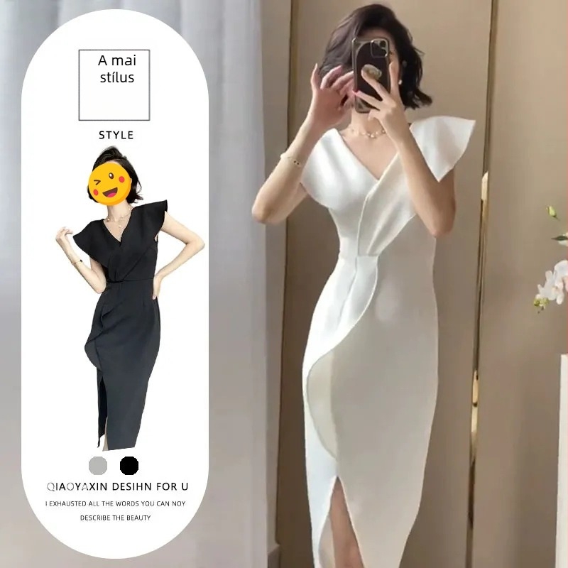 Hepburn-stílusú elegáns V-nyakú ruha lebegő ujjakkal, karcsú derék és hasítékkal, hosszú nyári ruha, 2025