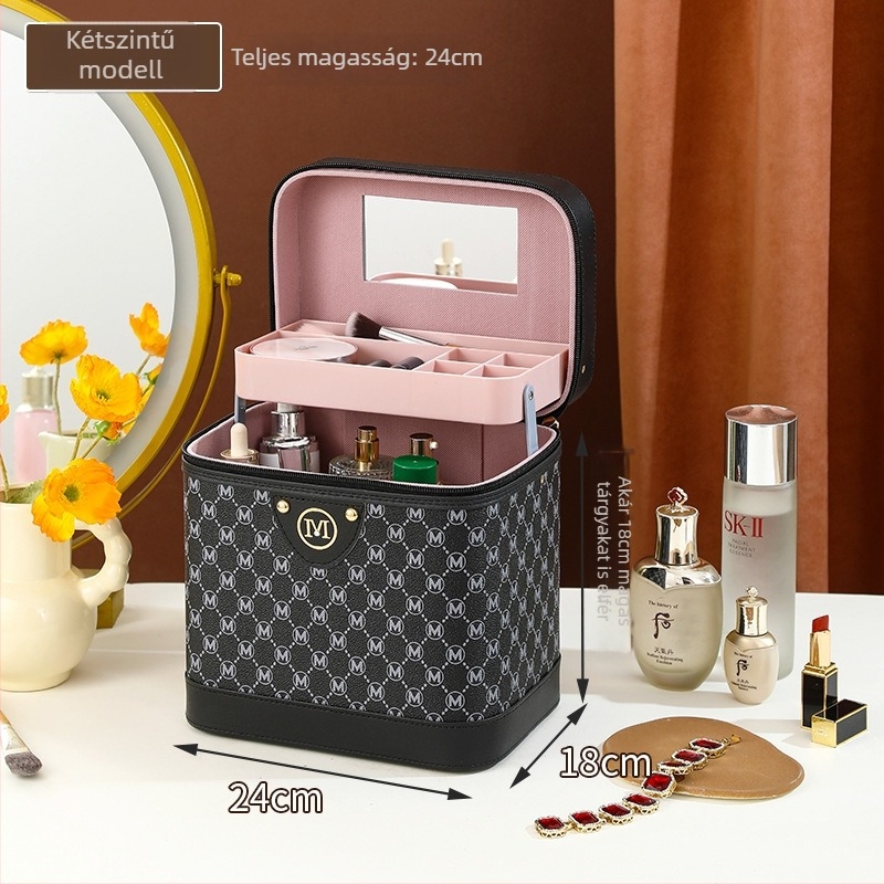 Női kozmetikai neszesszer, PU bőr, nylon bélés, doboz alakú poggyász stílus, egyszínű mintázat, sokfunkciós szervező