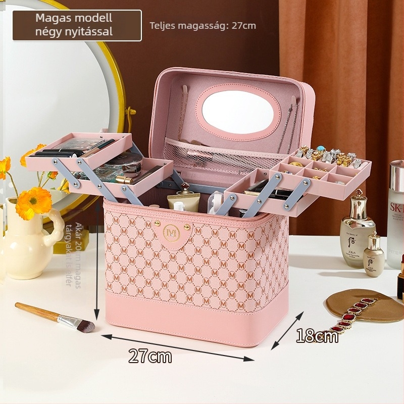Női kozmetikai neszesszer, PU bőr, nylon bélés, doboz alakú poggyász stílus, egyszínű mintázat, sokfunkciós szervező