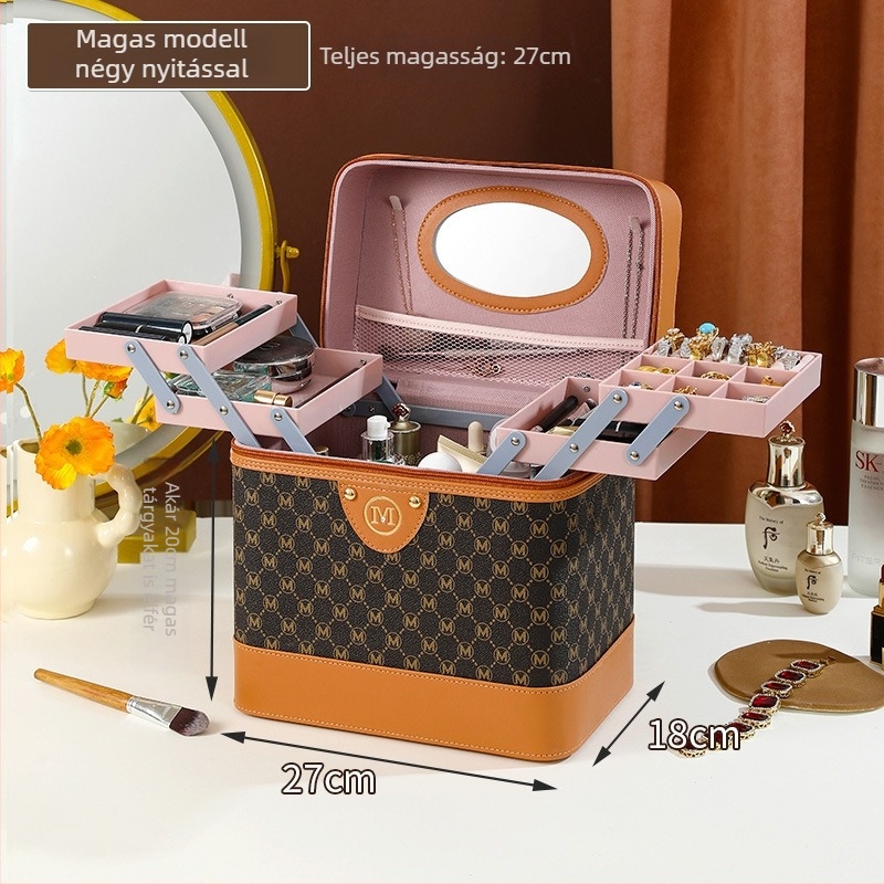 Női kozmetikai neszesszer, PU bőr, nylon bélés, doboz alakú poggyász stílus, egyszínű mintázat, sokfunkciós szervező