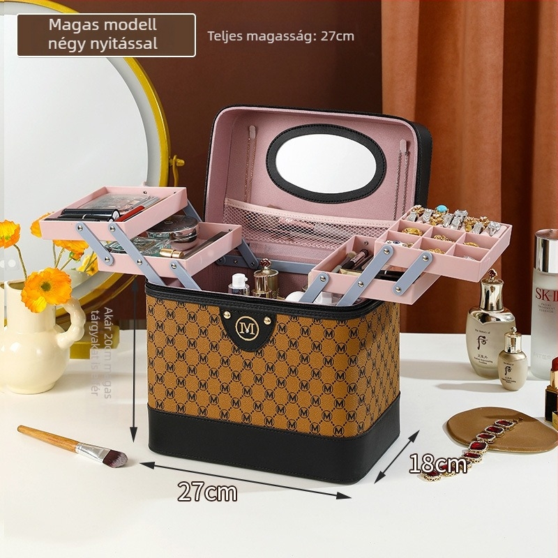 Női kozmetikai neszesszer, PU bőr, nylon bélés, doboz alakú poggyász stílus, egyszínű mintázat, sokfunkciós szervező