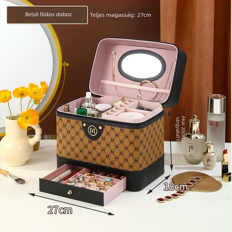 Női kozmetikai neszesszer, PU bőr, nylon bélés, doboz alakú poggyász stílus, egyszínű mintázat, sokfunkciós szervező