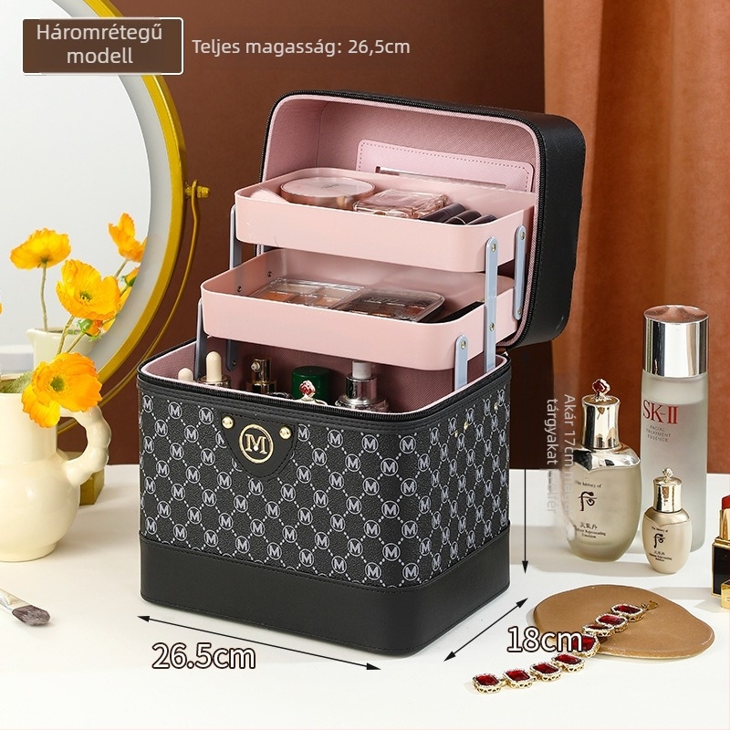 Női kozmetikai neszesszer, PU bőr, nylon bélés, doboz alakú poggyász stílus, egyszínű mintázat, sokfunkciós szervező