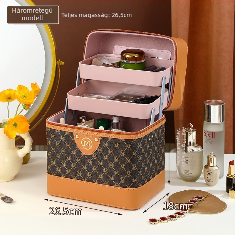 Női kozmetikai neszesszer, PU bőr, nylon bélés, doboz alakú poggyász stílus, egyszínű mintázat, sokfunkciós szervező