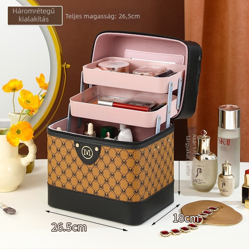 Női kozmetikai neszesszer, PU bőr, nylon bélés, doboz alakú poggyász stílus, egyszínű mintázat, sokfunkciós szervező